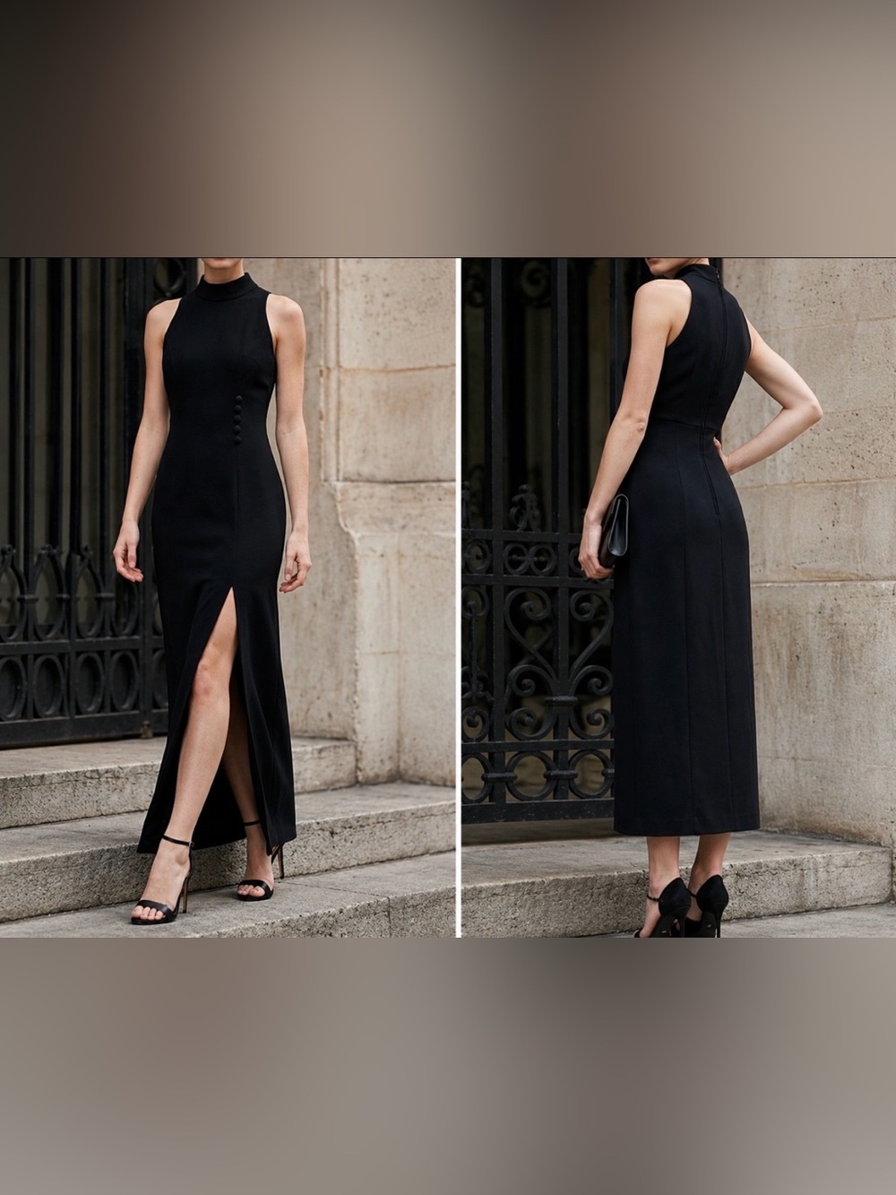 NWT LILLIE RUBIN  Black High-Neck Sleeveless Maxi Dress with Front Slit